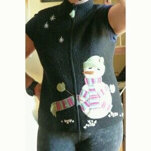 Coldwater Creek Boiled wool vintage zip up sweater vest snowman ugly Christmas M